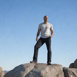 A dynamic image of a man poised confidently on a rugged rock, under a clear sky