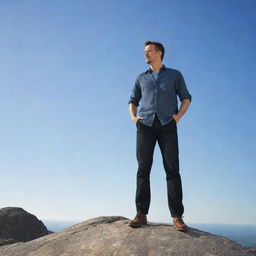 A dynamic image of a man poised confidently on a rugged rock, under a clear sky