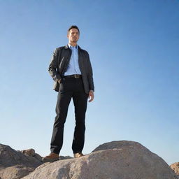 A dynamic image of a man poised confidently on a rugged rock, under a clear sky