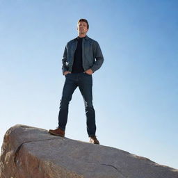 A dynamic image of a man poised confidently on a rugged rock, under a clear sky