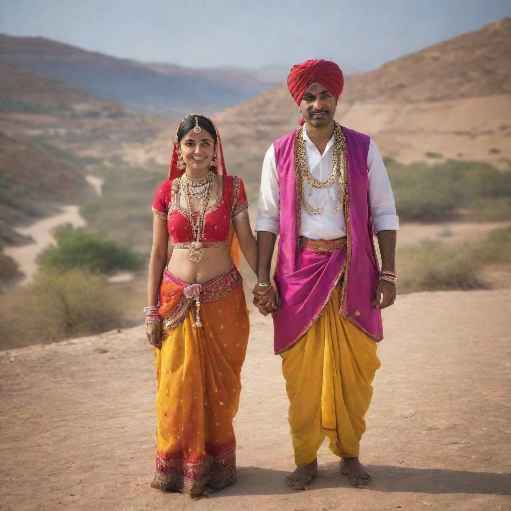 A Rajasthani couple dressed in traditional attire, the woman in vibrant ghagra-choli with intricate jewelry, and the man in a colourful turban and dhoti, in a landscape depicting the rich culture of Rajasthan.