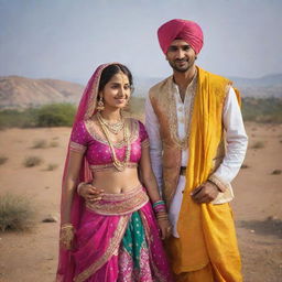 A Rajasthani couple dressed in traditional attire, the woman in vibrant ghagra-choli with intricate jewelry, and the man in a colourful turban and dhoti, in a landscape depicting the rich culture of Rajasthan.