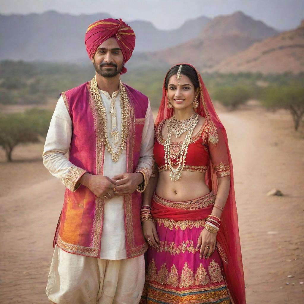 A Rajasthani couple dressed in traditional attire, the woman in vibrant ghagra-choli with intricate jewelry, and the man in a colourful turban and dhoti, in a landscape depicting the rich culture of Rajasthan.