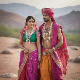 A Rajasthani couple dressed in traditional attire, the woman in vibrant ghagra-choli with intricate jewelry, and the man in a colourful turban and dhoti, in a landscape depicting the rich culture of Rajasthan.