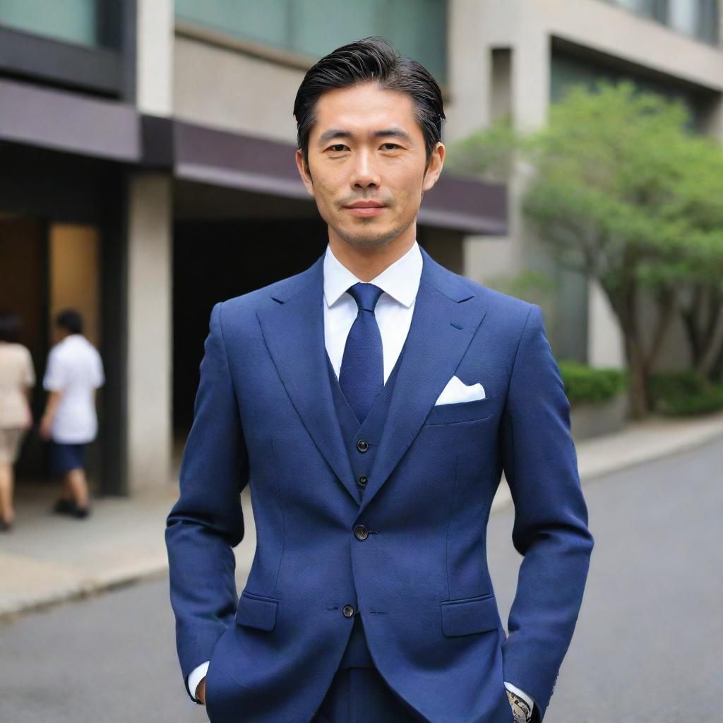 A 35-year-old Japanese man, elegantly dressed in a tailored suit; the perfect blend of maturity, youthful energy, and professional style.