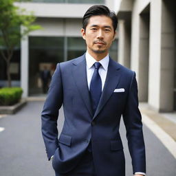 A 35-year-old Japanese man, elegantly dressed in a tailored suit; the perfect blend of maturity, youthful energy, and professional style.