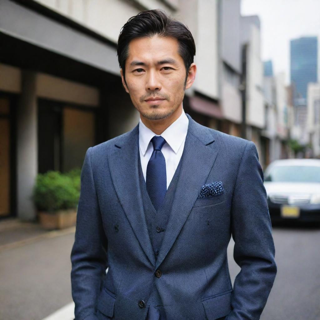 A 35-year-old Japanese man, elegantly dressed in a tailored suit; the perfect blend of maturity, youthful energy, and professional style.