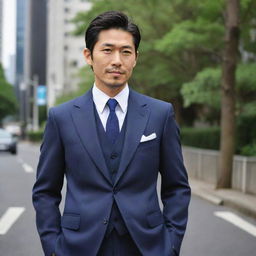 A 35-year-old Japanese man, elegantly dressed in a tailored suit; the perfect blend of maturity, youthful energy, and professional style.