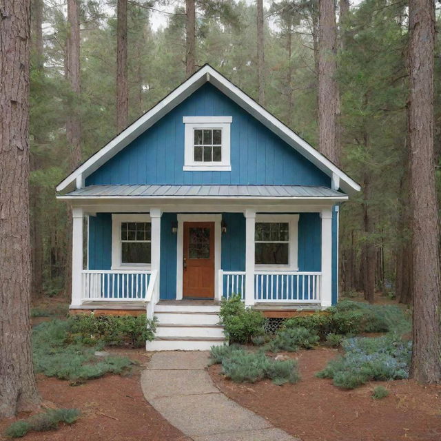 A quaint cottage with a white board and batten exterior, nestled among tall pine trees. It features a small porch with bright blue planks.