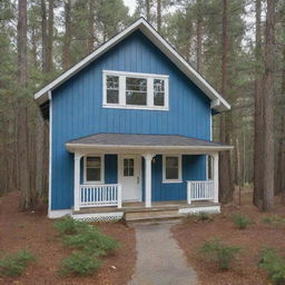 A quaint cottage with a white board and batten exterior, nestled among tall pine trees. It features a small porch with bright blue planks.