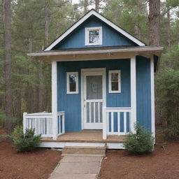 A quaint cottage with a white board and batten exterior, nestled among tall pine trees. It features a small porch with bright blue planks.