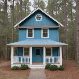 A quaint cottage with a white board and batten exterior, nestled among tall pine trees. It features a small porch with bright blue planks.