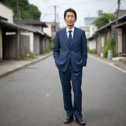 A 35-year-old Japanese man, displaying a sense of dignity and spirit despite his worn-out and ill-fitting suit.