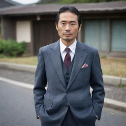 A 35-year-old Japanese man, displaying a sense of dignity and spirit despite his worn-out and ill-fitting suit.