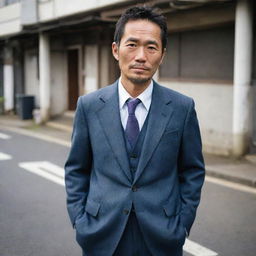 A 35-year-old Japanese man, displaying a sense of dignity and spirit despite his worn-out and ill-fitting suit.