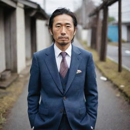 A 35-year-old Japanese man, displaying a sense of dignity and spirit despite his worn-out and ill-fitting suit.