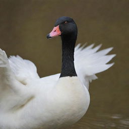 A goose showcasing a display of aggression, feathers ruffled as it hisses, placed on a natural serene backdrop.