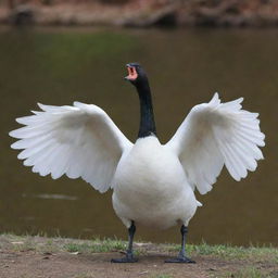 A goose showcasing a display of aggression, feathers ruffled as it hisses, placed on a natural serene backdrop.