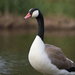 A goose showcasing a display of aggression, feathers ruffled as it hisses, placed on a natural serene backdrop.