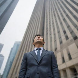 A 35-year-old Japanese man, dressed in a worn-out suit, stands in awe as he looks up at a towering building.