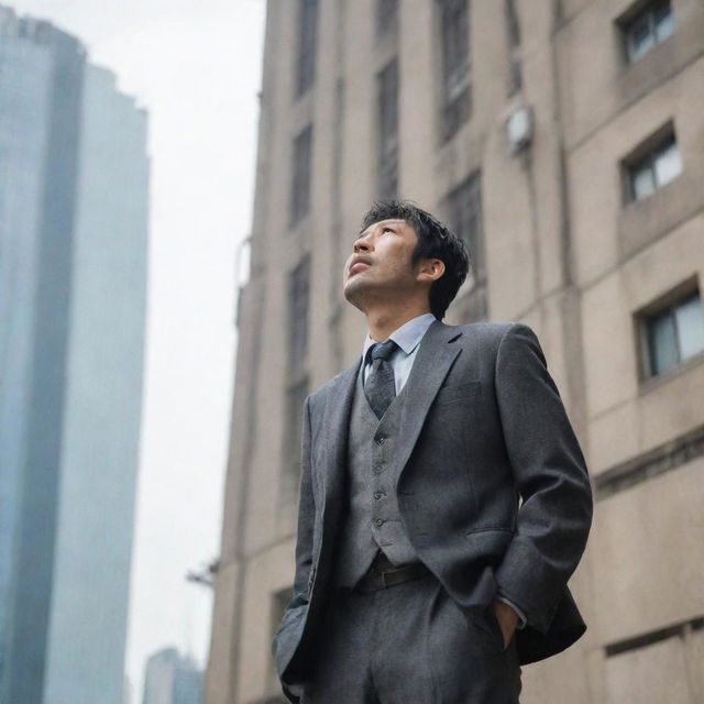 A 35-year-old Japanese man, dressed in a worn-out suit, stands in awe as he looks up at a towering building.