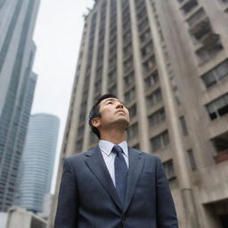 A 35-year-old Japanese man, dressed in a worn-out suit, stands in awe as he looks up at a towering building.