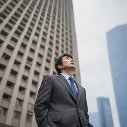 A 35-year-old Japanese man, dressed in a worn-out suit, stands in awe as he looks up at a towering building.