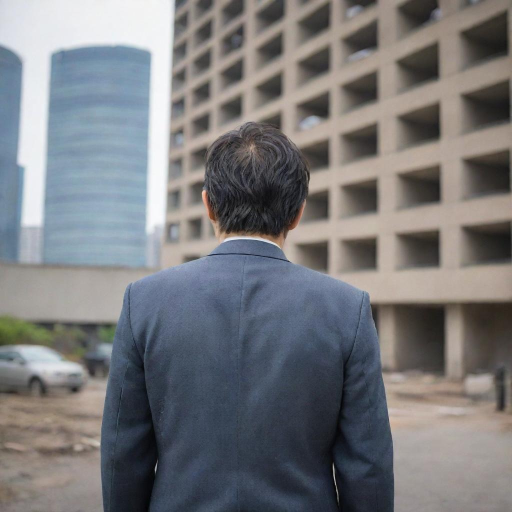 A 35-year-old Japanese man, in a worn-out suit, with his back to us, his face turned towards a large building that has caught his attention.