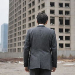 A 35-year-old Japanese man, in a worn-out suit, with his back to us, his face turned towards a large building that has caught his attention.