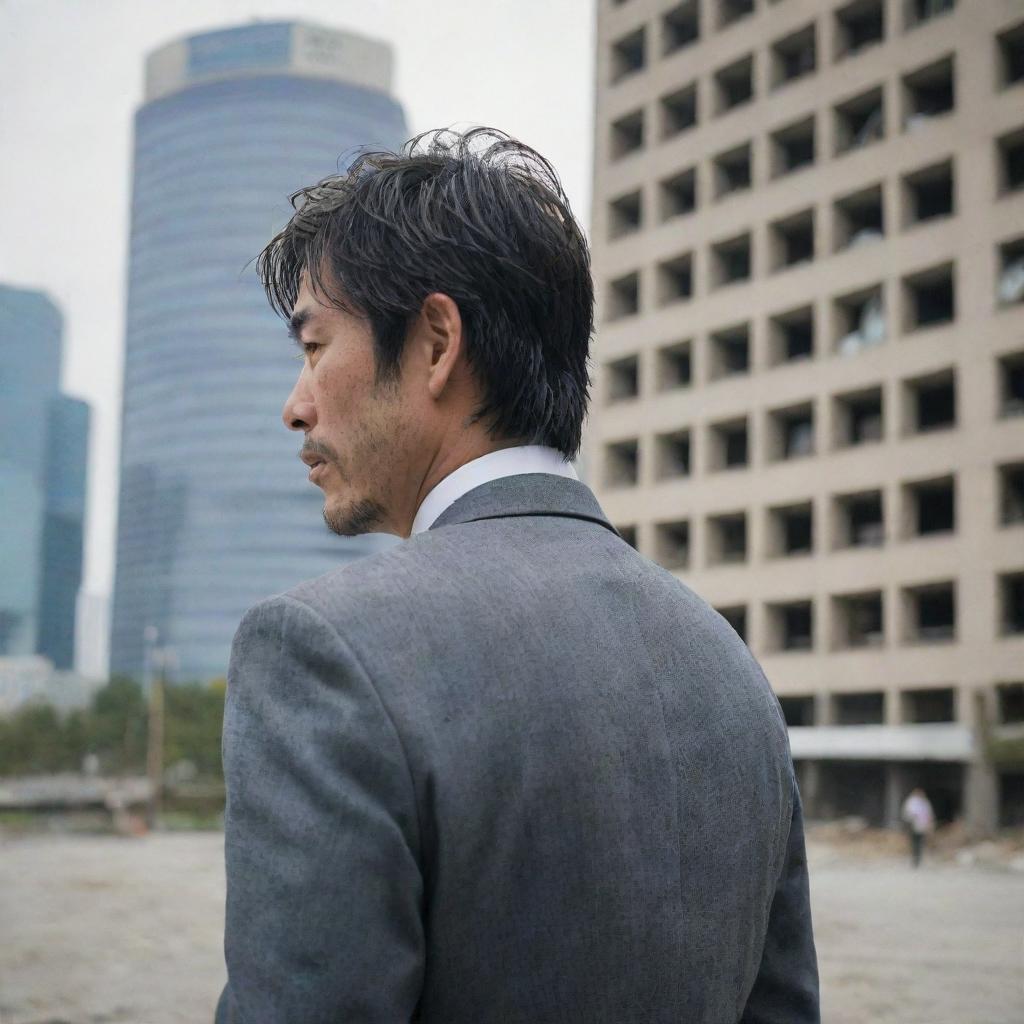 A 35-year-old Japanese man, in a worn-out suit, with his back to us, his face turned towards a large building that has caught his attention.