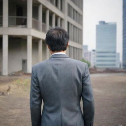 A 35-year-old Japanese man, in a worn-out suit, with his back to us, his face turned towards a large building that has caught his attention.