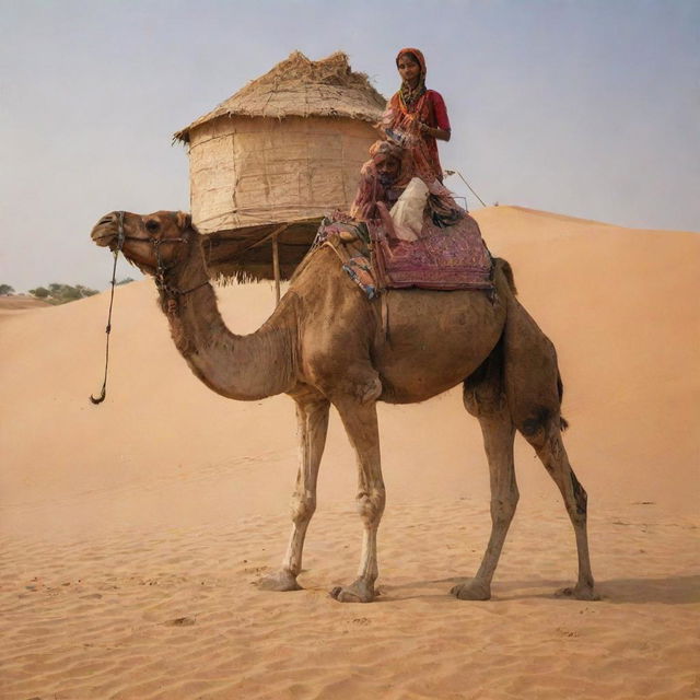 A man perched atop a camel with his wife standing by its side, set against the arid sands of Rajasthan's desert. In close vicinity, a traditional hut stands out.