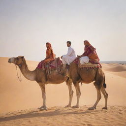 A man perched atop a camel with his wife standing by its side, set against the arid sands of Rajasthan's desert. In close vicinity, a traditional hut stands out.