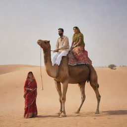 A man perched atop a camel with his wife standing by its side, set against the arid sands of Rajasthan's desert. In close vicinity, a traditional hut stands out.