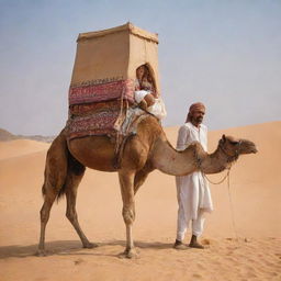 A man perched atop a camel with his wife standing by its side, set against the arid sands of Rajasthan's desert. In close vicinity, a traditional hut stands out.