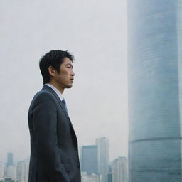 A 35-year-old Japanese man, in a worn-out suit, stands with his face toward a towering glass building, reflecting the skyline around him.