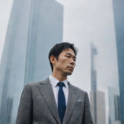 A 35-year-old Japanese man, in a worn-out suit, stands with his face toward a towering glass building, reflecting the skyline around him.