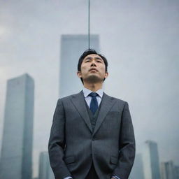 A 35-year-old Japanese man, in a worn-out suit, stands with his face toward a towering glass building, reflecting the skyline around him.