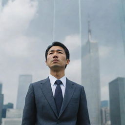 A 35-year-old Japanese man, in a worn-out suit, stands with his face toward a towering glass building, reflecting the skyline around him.