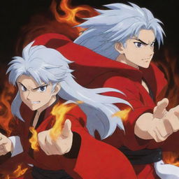 Inuyasha, a silver haired half-demon with a red robe and Rengoku Kyojuro, a Flame Hashira with blazing hair and eyes, side by side in a dynamic pose