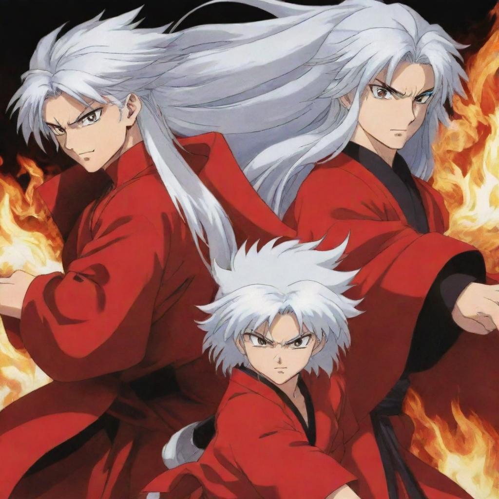 Inuyasha, a silver haired half-demon with a red robe and Rengoku Kyojuro, a Flame Hashira with blazing hair and eyes, side by side in a dynamic pose