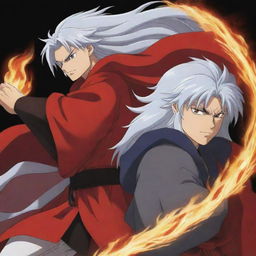 Inuyasha, a silver haired half-demon with a red robe and Rengoku Kyojuro, a Flame Hashira with blazing hair and eyes, side by side in a dynamic pose