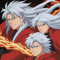 Inuyasha, a silver haired half-demon with a red robe and Rengoku Kyojuro, a Flame Hashira with blazing hair and eyes, side by side in a dynamic pose