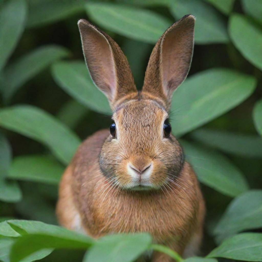 A close-up view of a kelinci, also known as a rabbit, in its natural environment with vibrant greenery surrounding it.