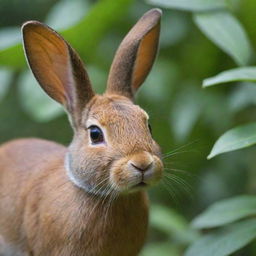 A close-up view of a kelinci, also known as a rabbit, in its natural environment with vibrant greenery surrounding it.