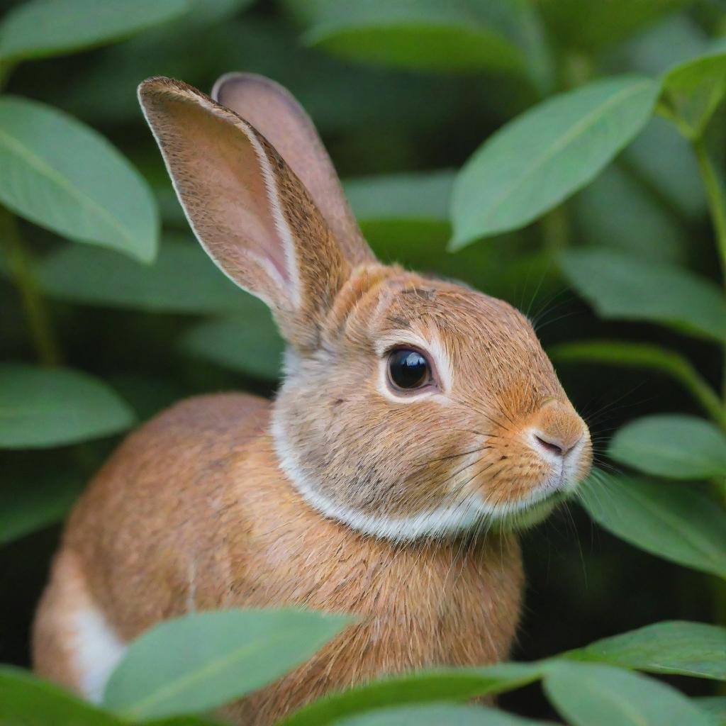 A close-up view of a kelinci, also known as a rabbit, in its natural environment with vibrant greenery surrounding it.