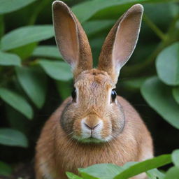 A close-up view of a kelinci, also known as a rabbit, in its natural environment with vibrant greenery surrounding it.