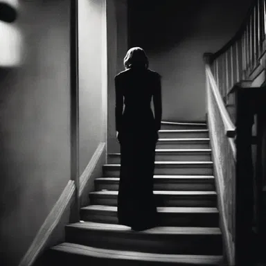 As she walked down the dimly lit staircase, she couldn't help but feel a sinister presence lurking behind the bannister.