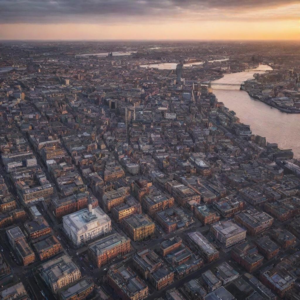 Bird's eye view of the city of Liverpool, UK, capturing the iconic buildings and the River Mersey at sunset.