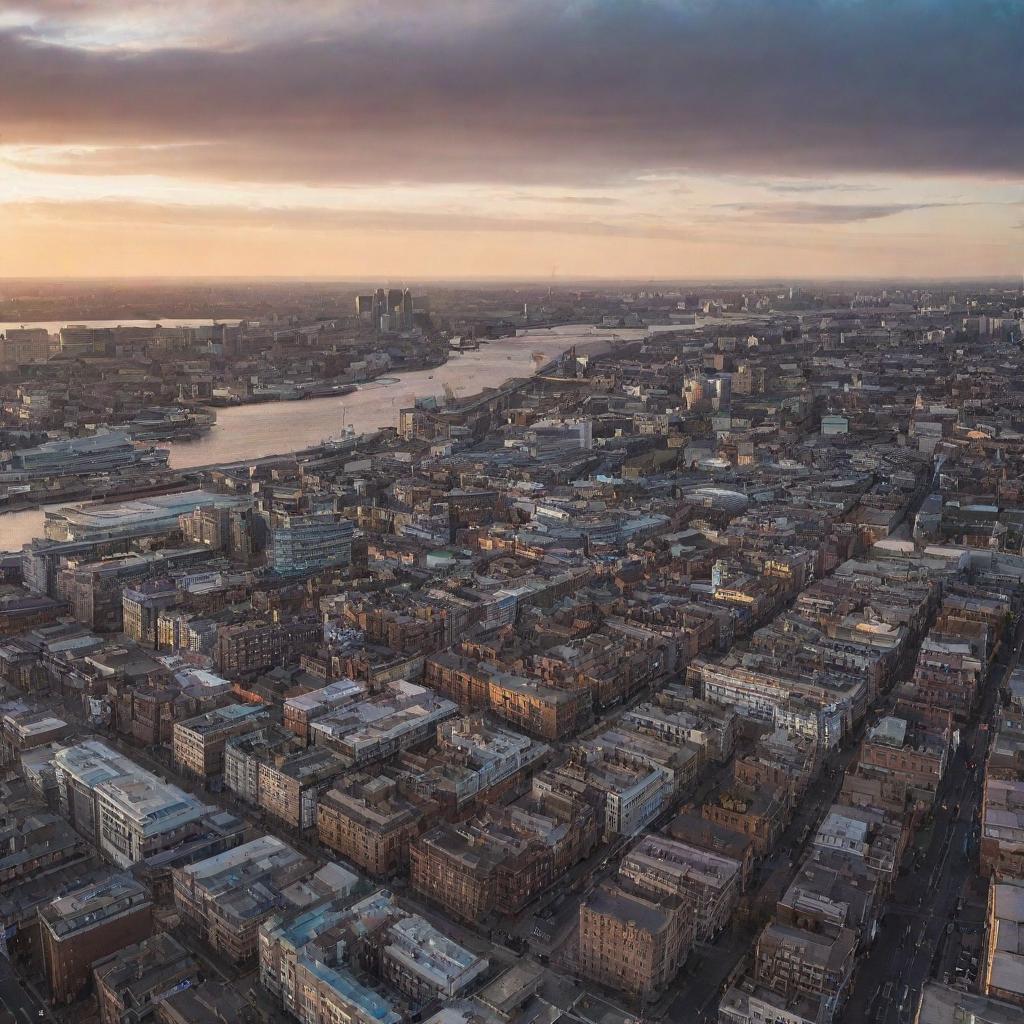 Bird's eye view of the city of Liverpool, UK, capturing the iconic buildings and the River Mersey at sunset.